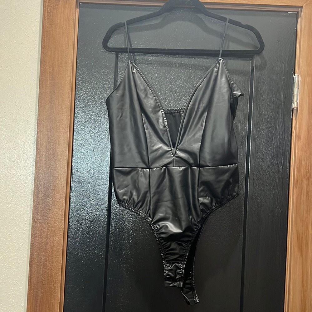 Deep V Faux Leather bodysuit